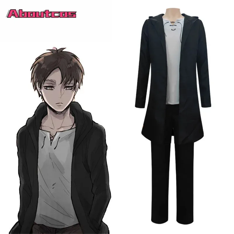 

Aboutcos Attack on Titan cosplay Jaeger Eren cosplay costume the final season uniform black coat T-shirt pants anime Halloween