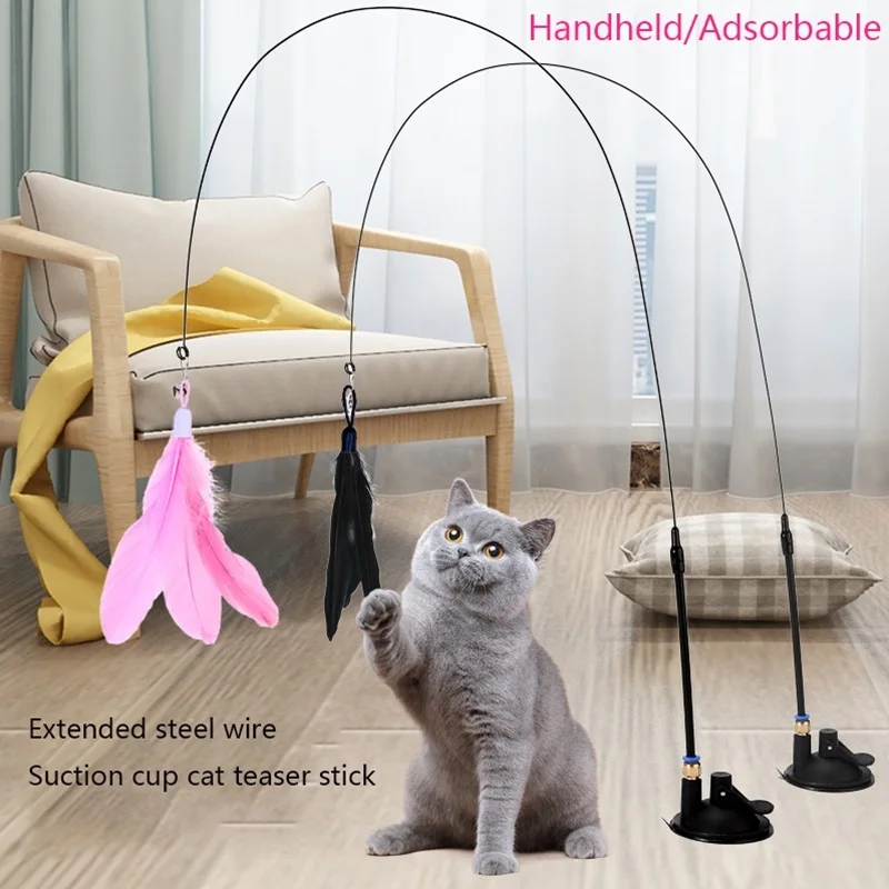 Cat Toy Cat Teaser with Suction Cup Base Feather Bells Interactive Detachable Teaser Wand Relief Toys Cat Supplies