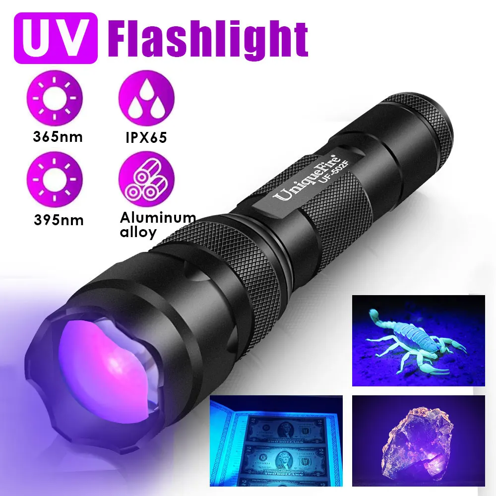 UniqueFire 502F Blacklight Handheld LED UV Flashlight 395nm Light Torch Detector for Dog Pet Urine Stains Bed Bugs and Scorpions