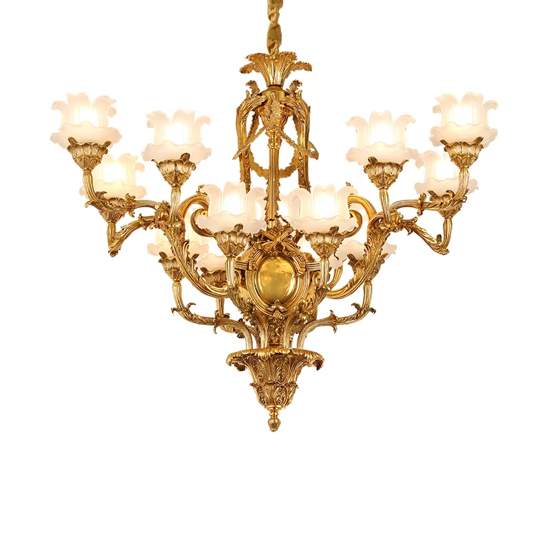 Lustre en cuivre au design floral à deux couches, lampe en cuivre d'art faite à la main, entièrement sculptée, luxe français, impérial, entièrement en bronze, 83