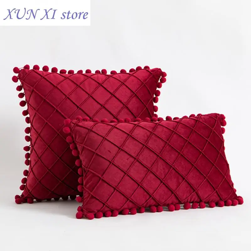 New Cushion pillowslip Soft Velvet Decorative Cushion with Ball Home Decor for Sofa Set Bedroom Pillowcase Blue Pink Pillow