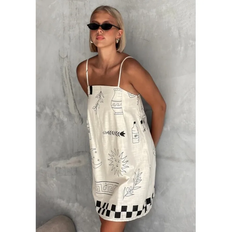 2025 Women's Vintage Print Vacation Mini Dresses Summer Sleeveless Sexy Backless Sling Dress Fashion Boho Beach Dress Femme
