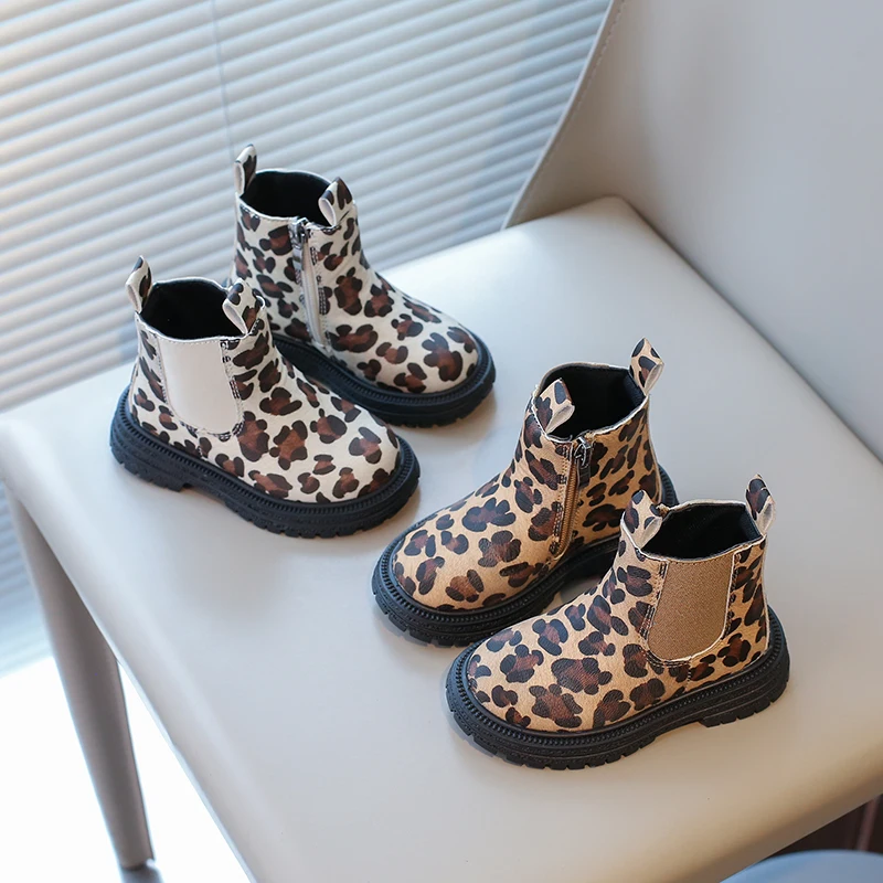 

Autumn Kids Chelsea Boots Leopard Platform Zipper Children Boot Round Toe Pu Leather Mid-calf Unisex Boys Girls Shoes 21-30