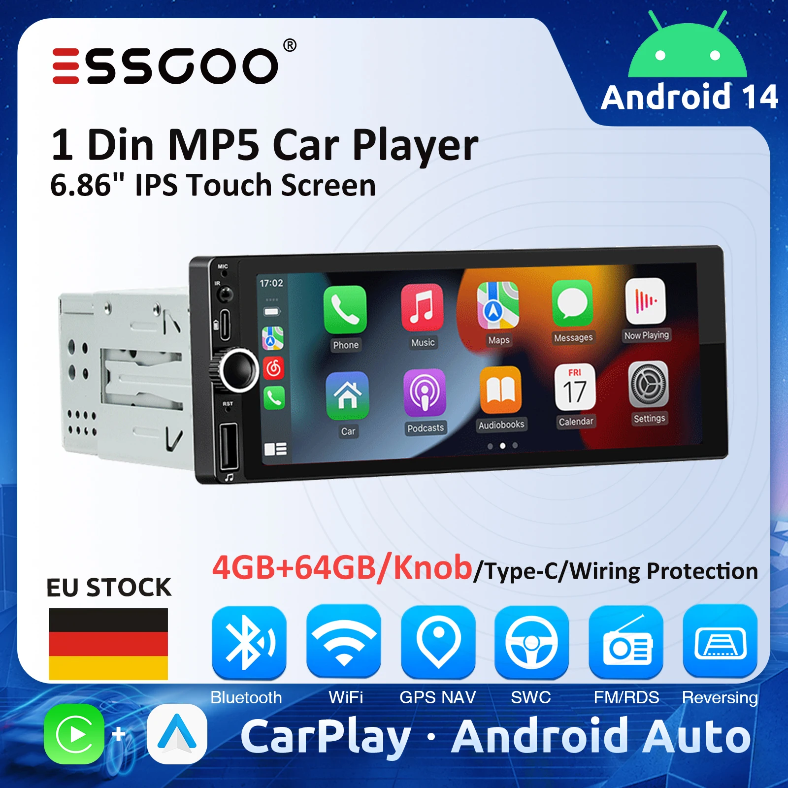 ESSGOO 6.86 بوصة 1Din Carplay Android Auto Android 14 راديو السيارة الوسائط المتعددة فيديو 4GB MP5 Player 1 Din IPS مع بلوتوث ستيريو #1
