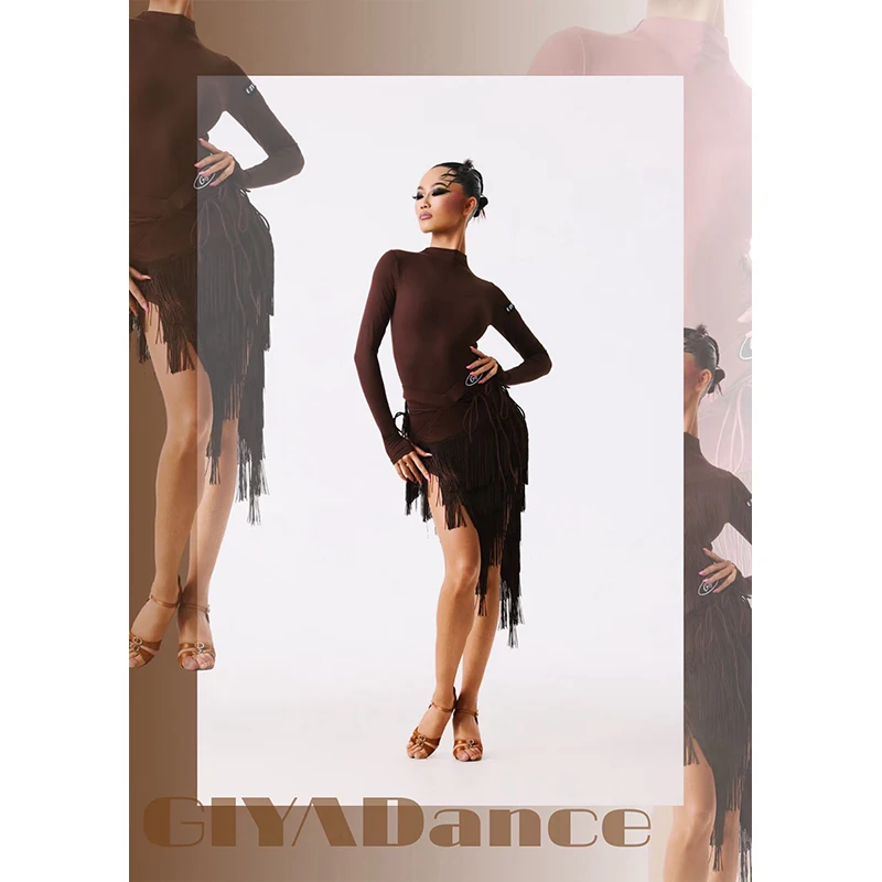 Nieuwe Latin Danskleding Lange Mouwen Tops Kwasten Rok 4 Kleuren Oefenjurk Cha Cha Rumba Samba Dansjurk Competitiekleding