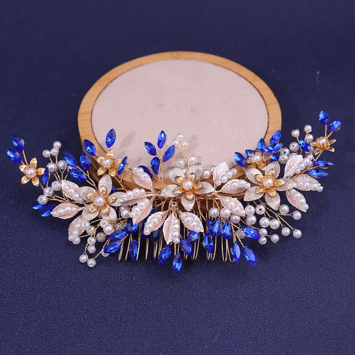 Pente de cabelo feito à mão com strass azul, tiara feminina, acessórios para cabelo, pentes de cabelo para casamento, enfeites de cabeça de casamento
