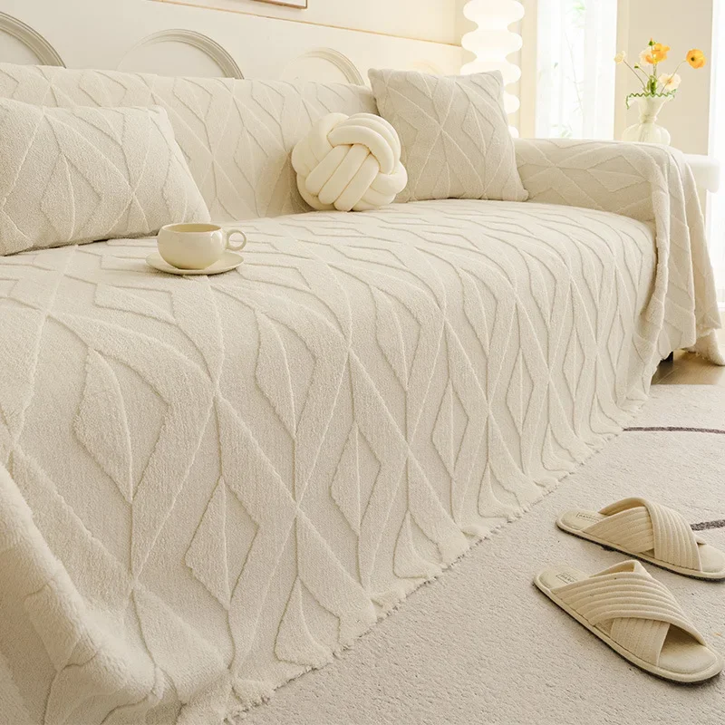 Geometric Jacquard Solid Sofa Towel Plush All-Inclusive Sofa Towel for Living Room Comfortable Pet Friendly Corner Couch Covers