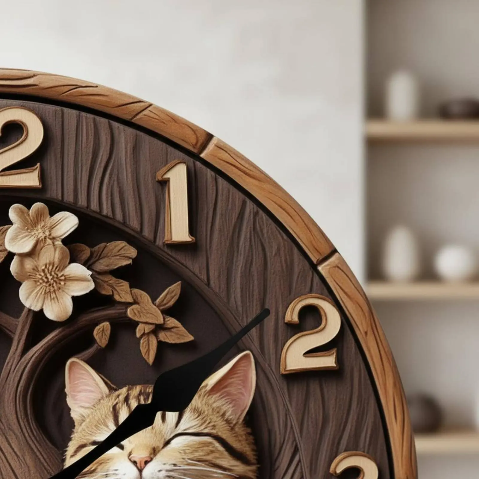 2D Printed Wood Effect Clock Non-Ticking Round Cat Wall Clock Creature Theme Timepiece Artistic Decoration Home Decor