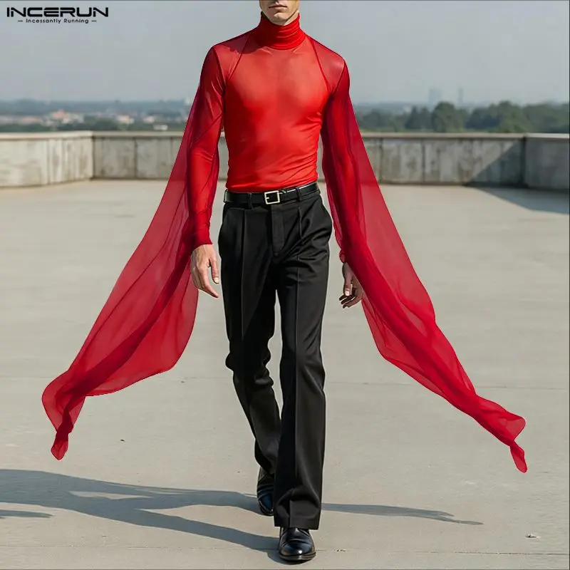 INCERUN الرجال تي شيرت شبكة المرقعة الياقة المدورة طويلة الأكمام انظر من خلال الرجال الملابس الشارع الشهير مثير موضة غير النظامية المحملة القمم