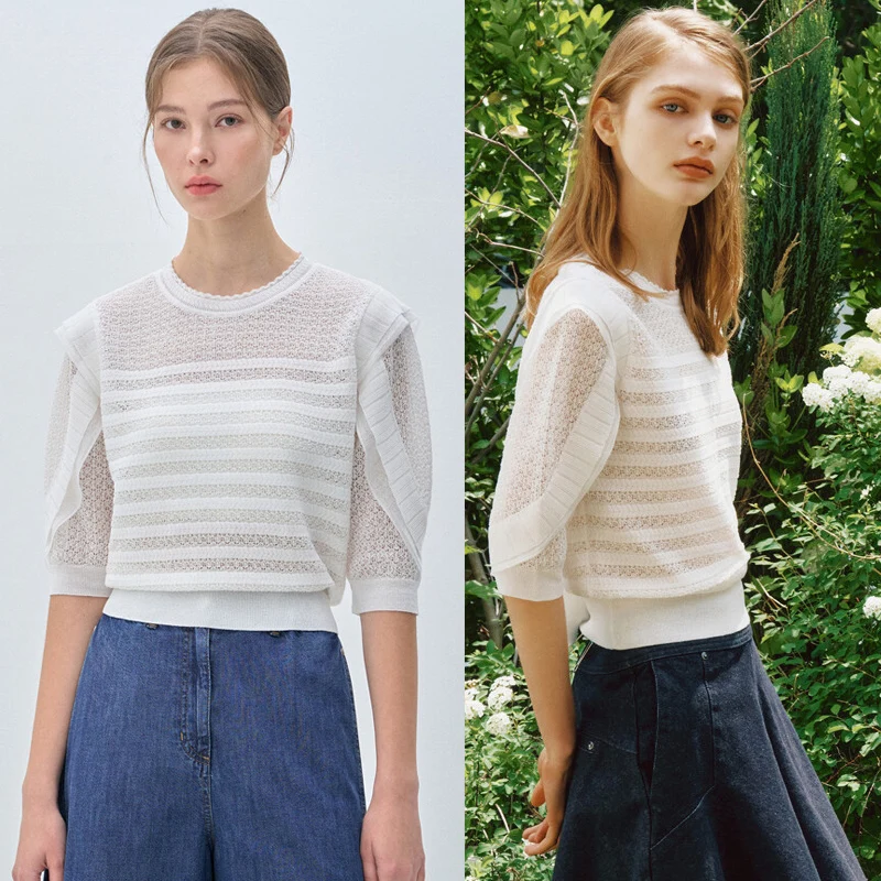 

e Lightweight Knitted Top Hollow out Sve round Ne Women's Summer Faion Sweet Sle Loose Fit Single Piece