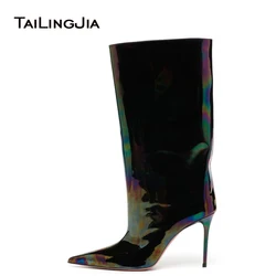 Customizable Plus Size Pull On Pointed Toe Stiletto Mid Calf Iridescent Multicolor Petrol Patent Leather High Heel Boots