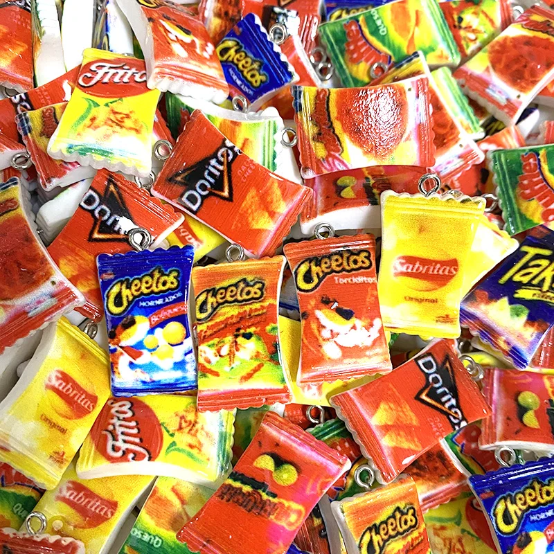 المعلقات الغذائية المضحكة لصنع المجوهرات ، رقائق البطاطس ، كيس الوجبات الخفيفة ، سحر الراتنج ، قلادة ، سلسلة المفاتيح ، القرط ، الصنع ، 24x18 مم