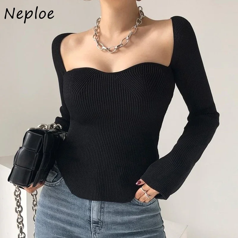 Neploe Retro Square Collar Clavicle-exposed Design Woman Sweater Side Slits Slim Womens Winter Sweaters Long Sleeve Knitted Tops