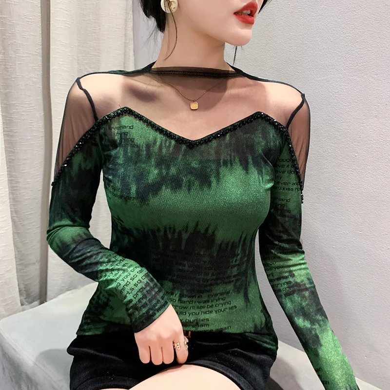 

Real Photos Autumn New Long Sleeve Mesh T-shirt for Women's Patchwork Beading Fashion Slim Fit Base T Shirts BH6068