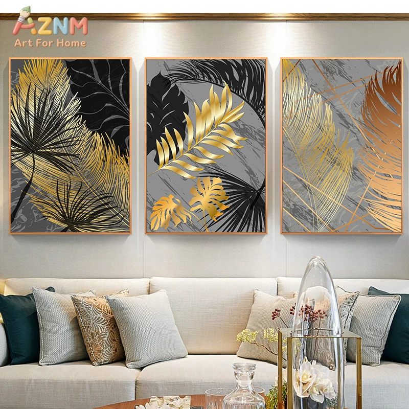 AZNM 3PCS Modern Luxury Gold Black Grey Tropical Palm Leaves Canvas Wall Art Prints, Abstract Botanical Monstera Leaf with Marbl
