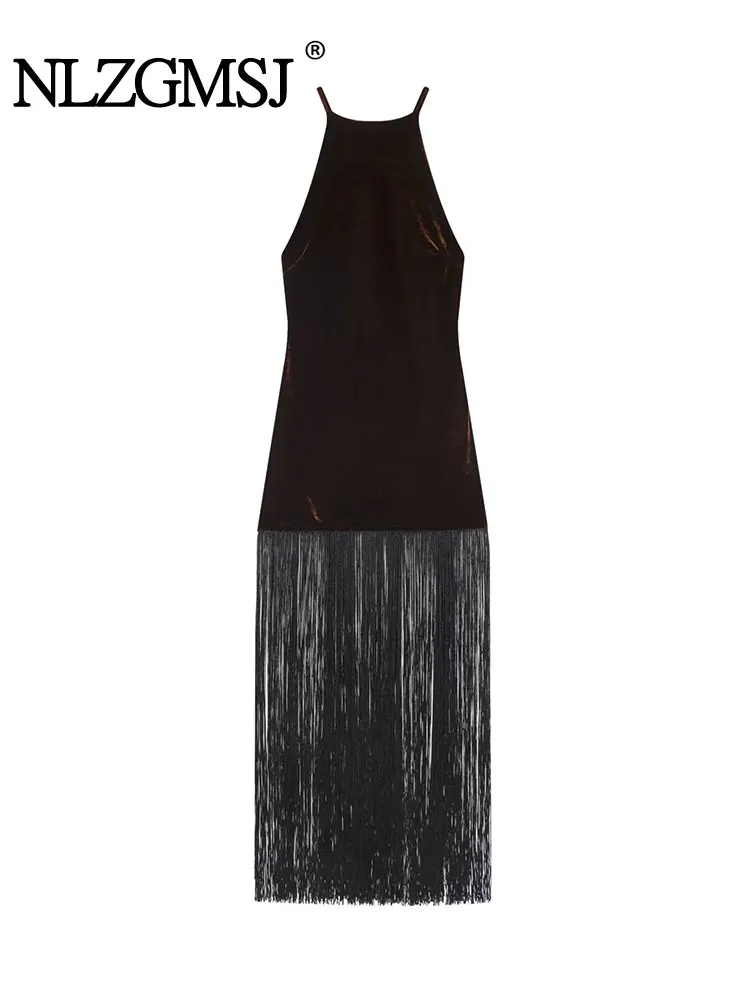 Nlzgmsj Herbst Frauen Sexy Samt Kleid Mode Einfarbig Ärmellose Quaste Decoretion Halter Elegante Abend Party Kleider
