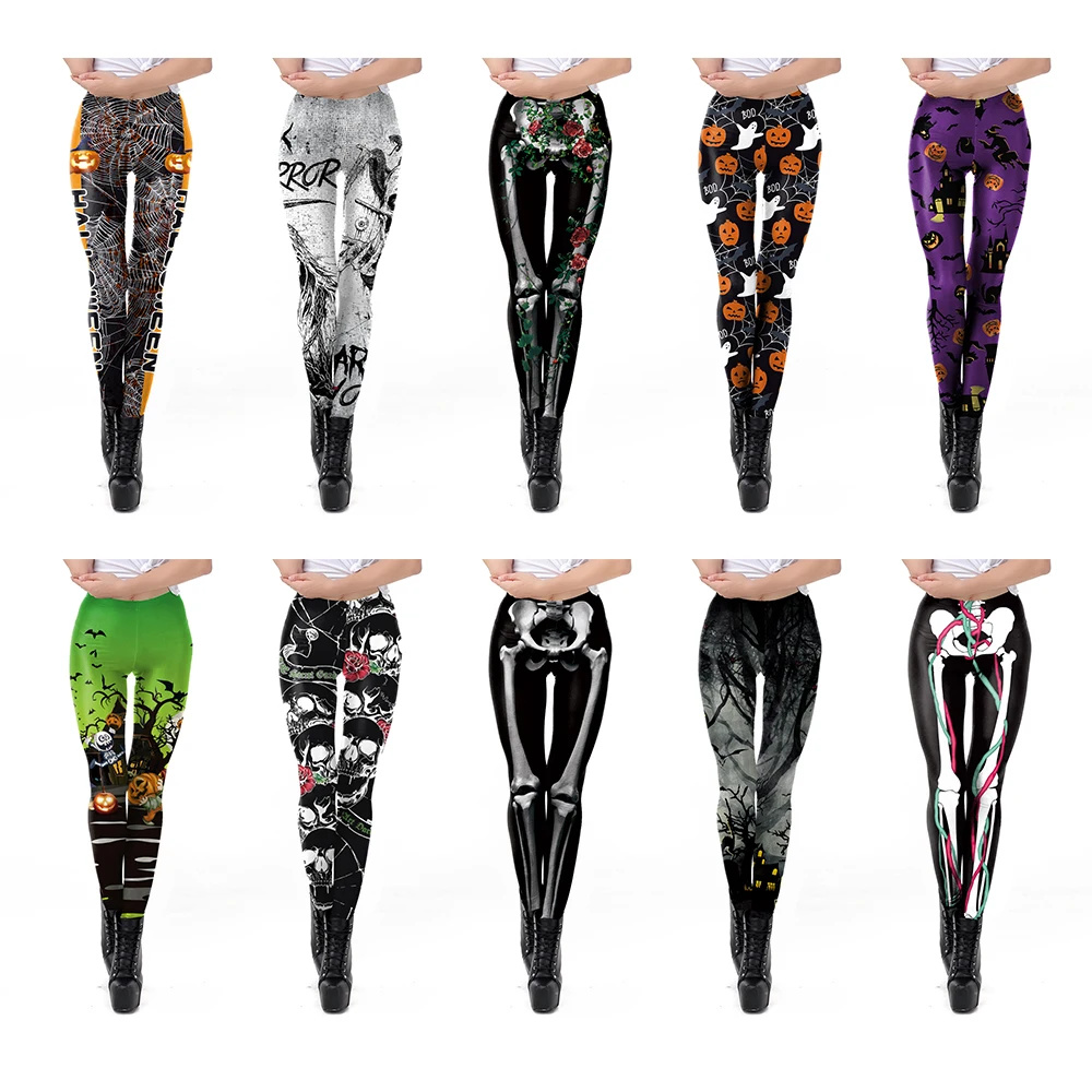 [You\'re My Secret] 12% Spandex Halloween Party Pumpkin Skull 3D Digital Printed Workout Jogging for Women Stretch Pants Trousers