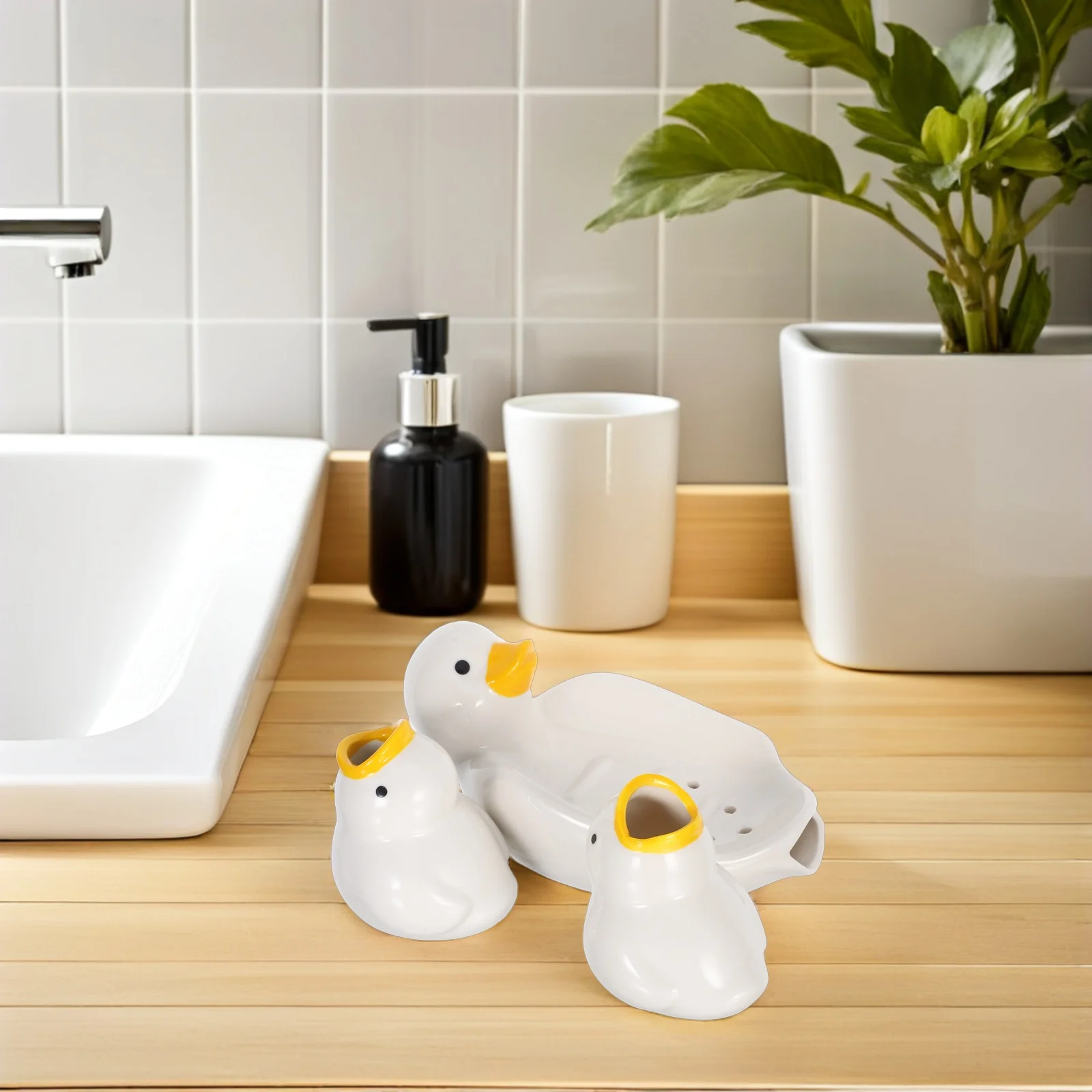 

1Set Cute Ceramic Duck Toothbrush Holder Bathroom Countertop Organizer Stand Soap Dish Bathroom Toothbrush Storage Organizer