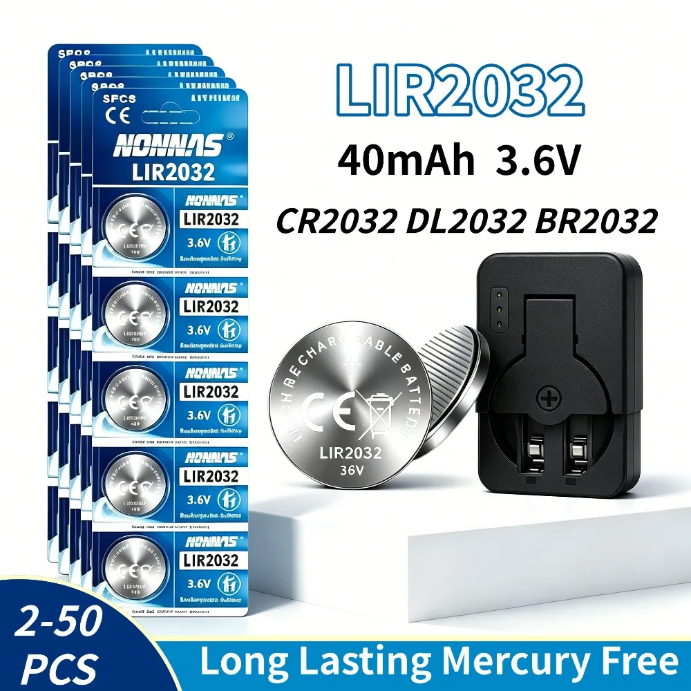 

2-50PCS LIR2032 3.6V Rechargeable Lithium Button Cell Set with Charger for Remote Controls & Security Alarms