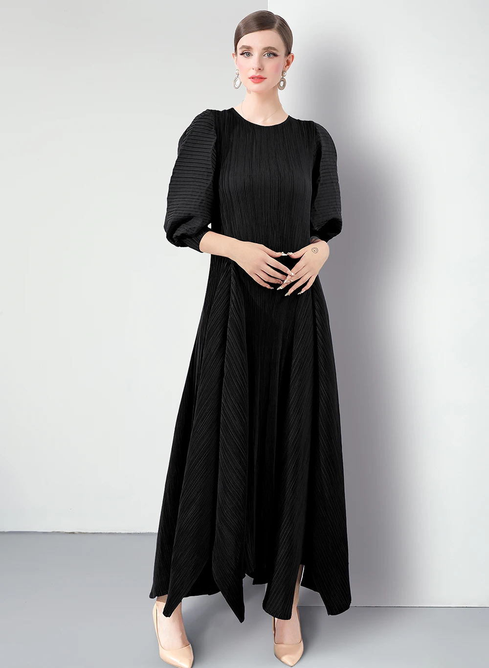 

Versatile Women's Clothing French Court Style Summer New Retro Pleated Lantern Sleeves Waist Pendulum Dress Female Elegance