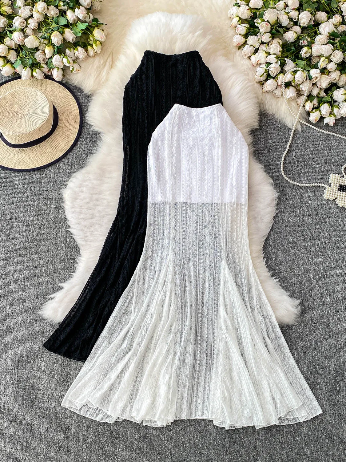 Falda blanca de cintura alta con encaje y cola de pez para mujer, vestido largo e, cole adeazante, novedad de ve...