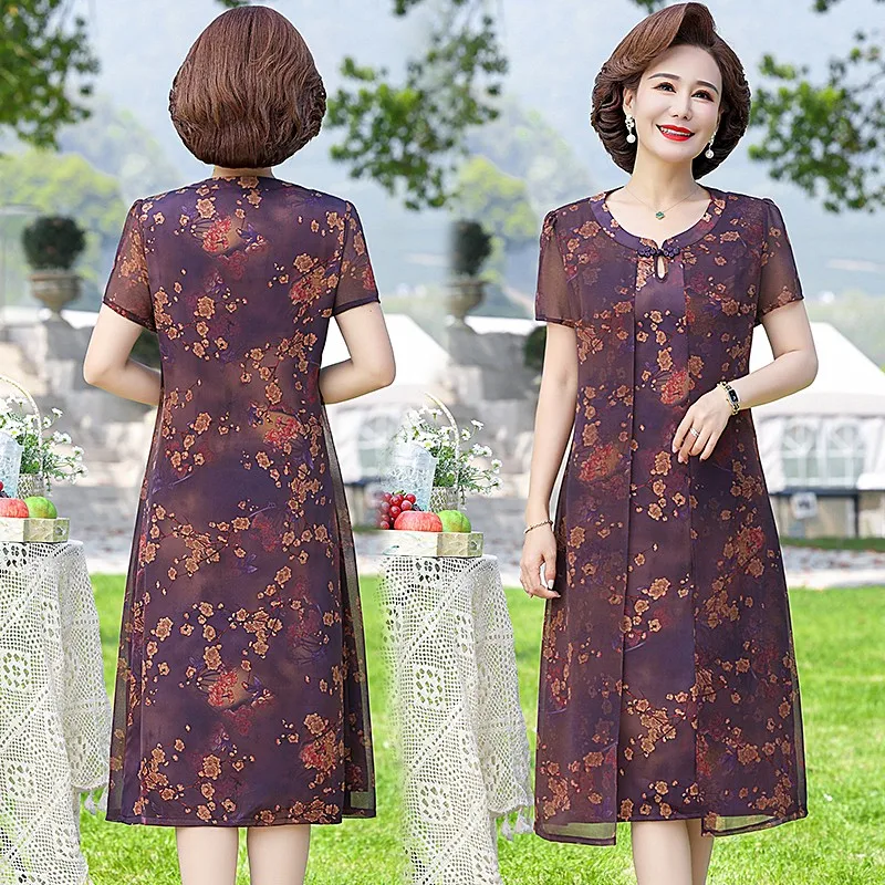 Fake two pieces Print Natural Silk Midi Dress Women Korean Fashion Elegant Casual Party Dress Summer Loose Plus size Knee-length