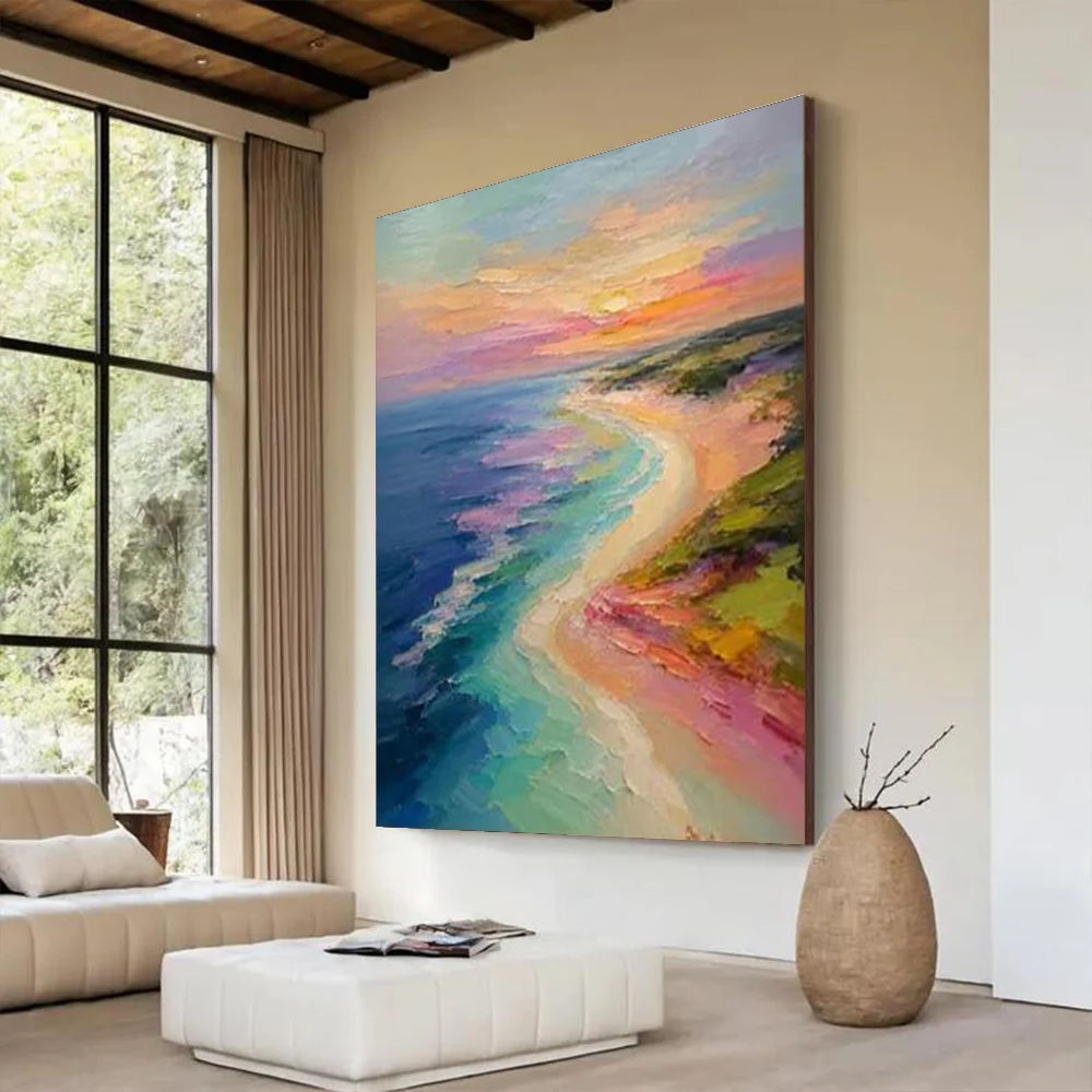 Modern Abstract Oil Painting on Canvas 100% Handmade Colorful Coastal Sea View Wall Art for Home Living Room Decor Image