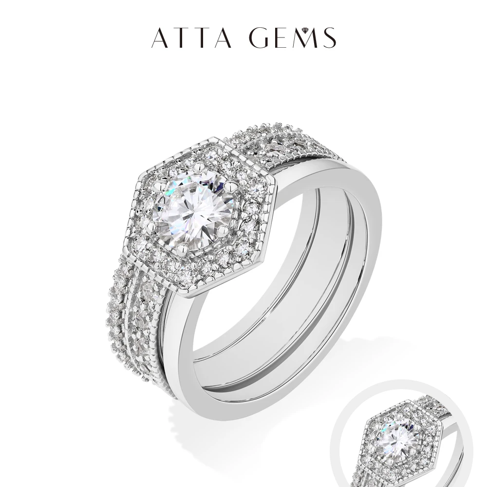

ATTAGEMS Original Round Cut 6mm Moissanite 3pc Rings Set 925Sterling Silver Luxury Engegament Wedding Women‘s Ring Fine Jewelry