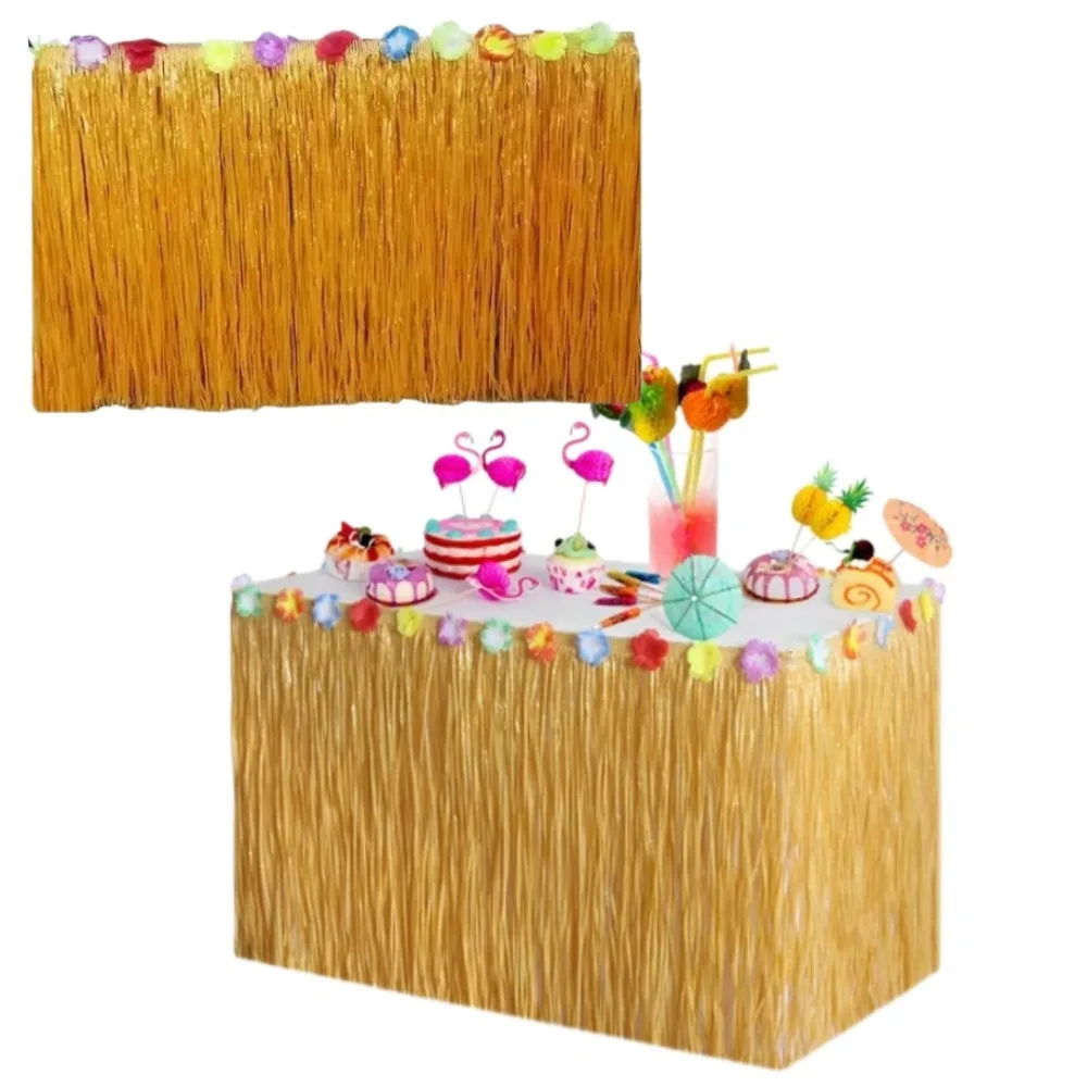 Outdoor Beach Plastic Straw Color Table Skirt Party Decoration Grass Table Skirt Hawaii Themed Multi-functional Party Supplies