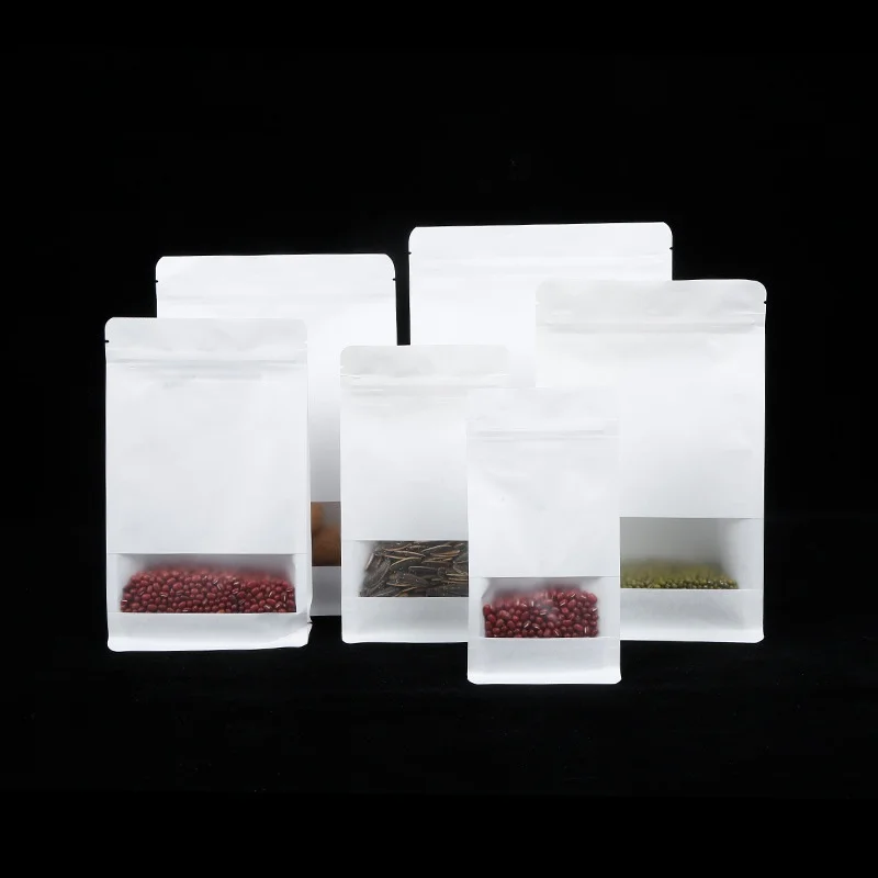 

50pcs 3D White Paper Window Zip Lock Stand up Packaging Bag Resealable Snack Cookie Tea Coffee Spice Sugar Nuts Storage Pouches