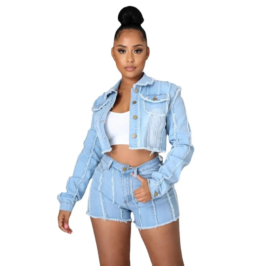 Jaket Denim Katun Wanita Lengan Panjang Kerah Slim Fit Gaya Musim Gugur oleh Produsen Baru