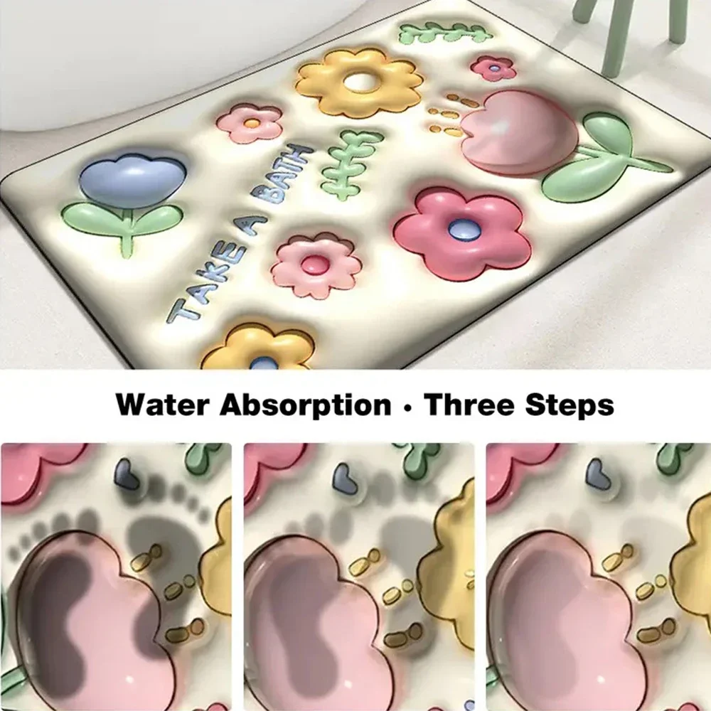 RV 욕실 미끄럼 방지 매트, 변기 욕실 바닥 매트, 발 매트, 3D 입체 느낌, 작은 꽃, 부드러운 규조토 흡수