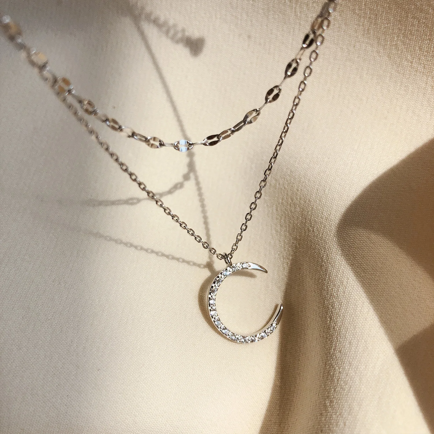 CIAXY Silver Color Stars and Moon Inlaid Zircon Necklace Women Double-layer Clavicle Chain Choker Necklace  Jewelry