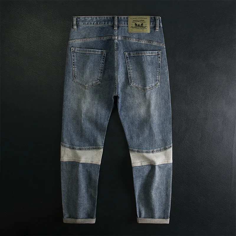 Мужские джинсы облегающего кроя, маленькие прямые эластичные джинсы контрастного цвета с нашивкой, модные трендовые длинные брюки