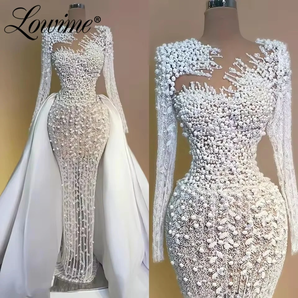 

Элегантные вечерние платья с белыми жемчужинами, длинными рукавами, для торжественных мероприятий, с возможностью индивидуального пошива и съемным шлейфом, в дубайском арабском стиле, для выпускного бала