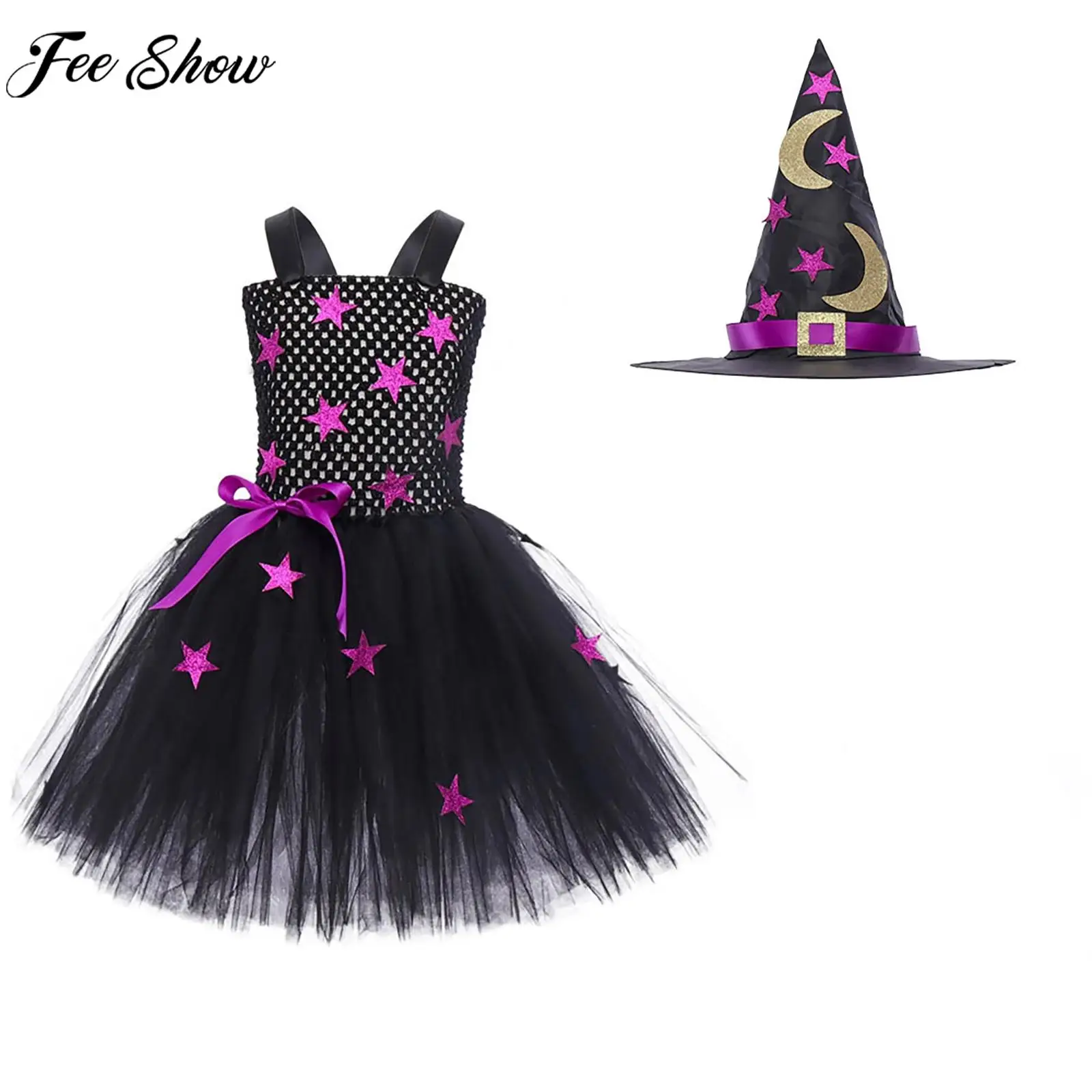 

Children Girls Halloween Witch Wizard Cosplay Performance Costume Sleeveless Shiny Stars Tutu Dress for Theme Party Carnival