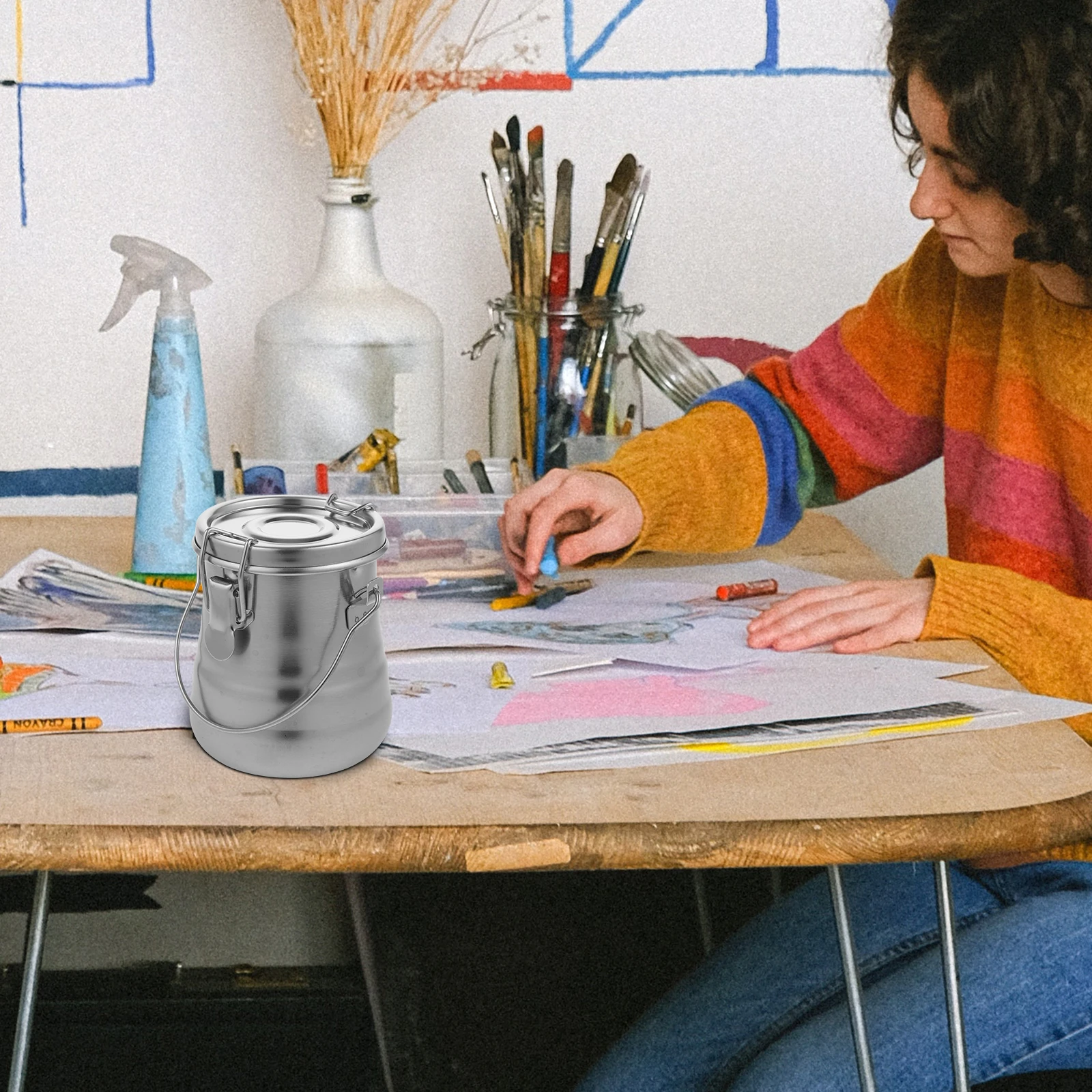 

Painting Brush Washing Bucket Stainless Steel Covered Portable Pen Holder Water Container for Art Painting School Outdoor