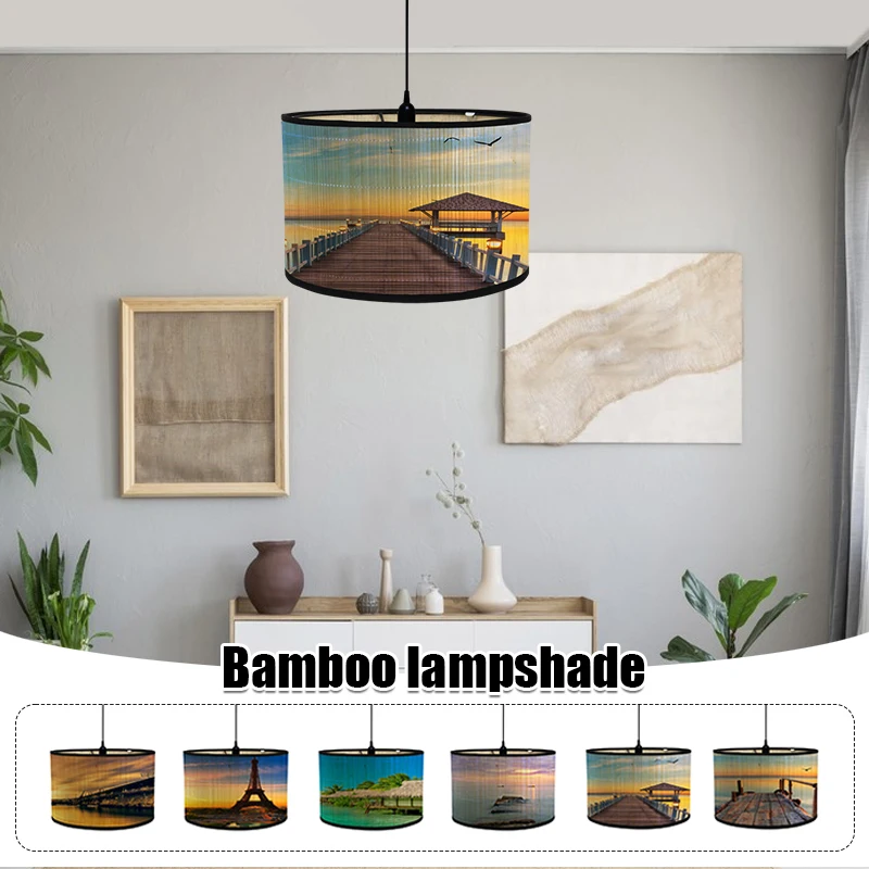 

Nordic Style Seaside Scenery Lamp Shade Bamboo Art Light Shade Bar Cafe Chandelier Landscape Paintings Lampshade Homestay Decor