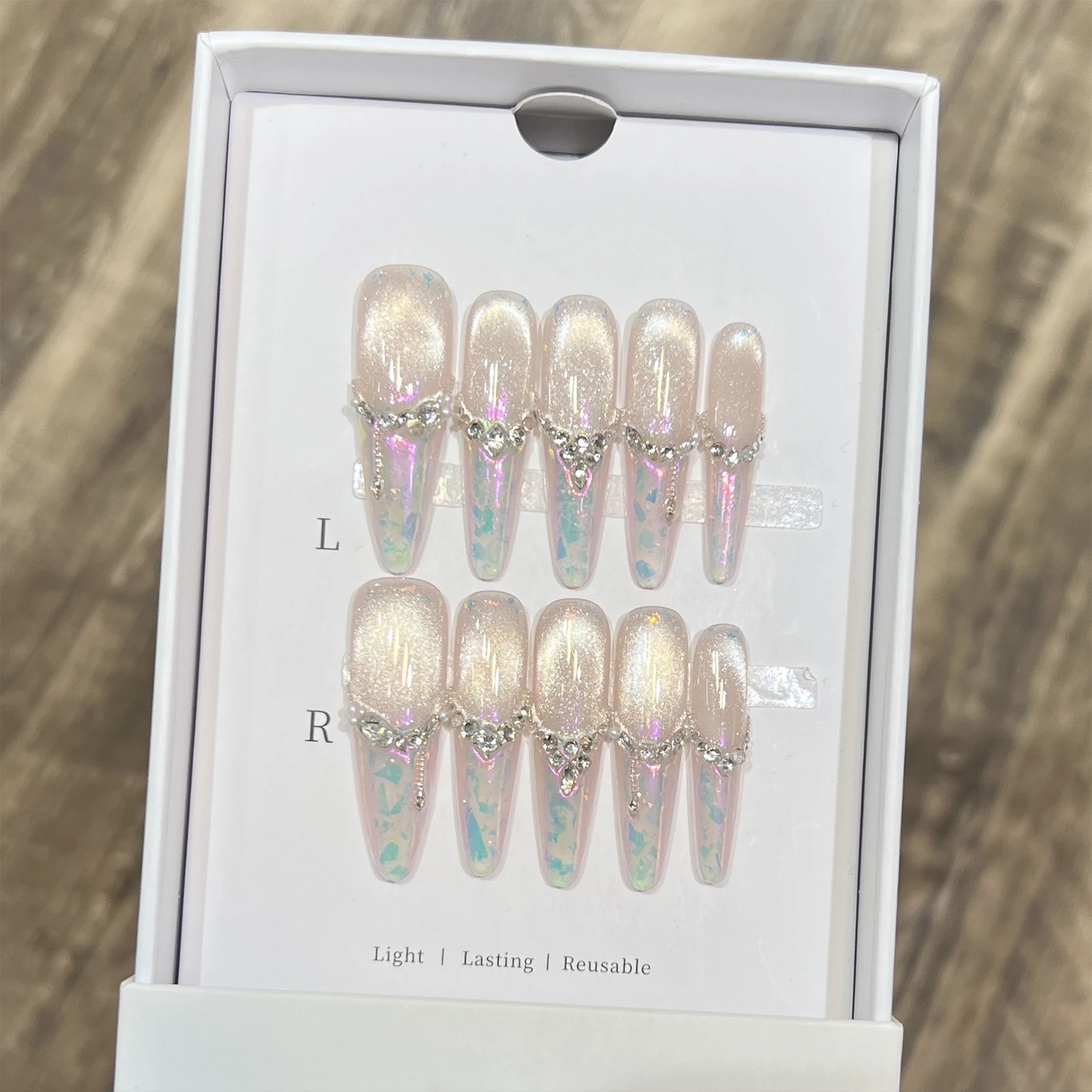 اضغط على الأظافر 10 قطعة مانيكير فرنسي خيالي أرجواني مع قزحي الألوان احباط بريق عين القط لتقوم بها بنفسك الأظافر وهمية للنساء حفل زفاف