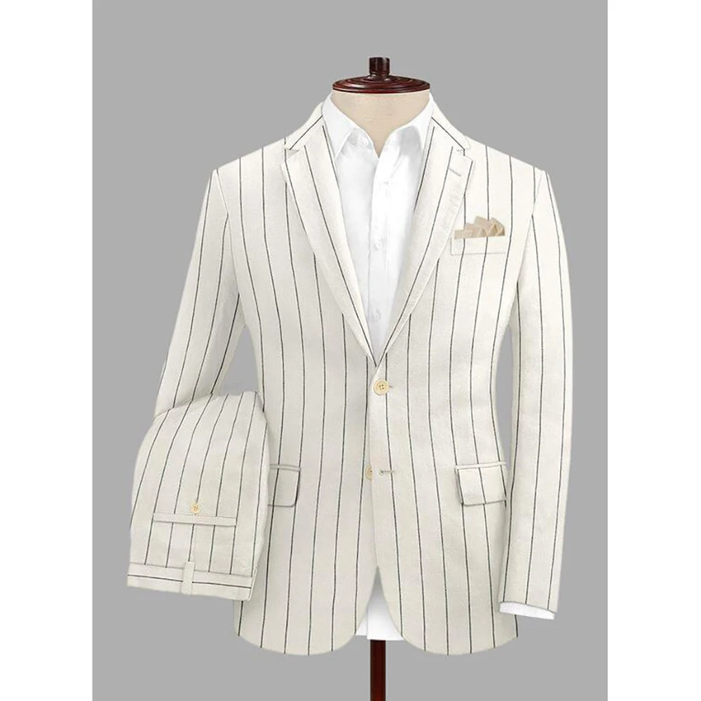 Handsome High-end White Stripe  Men Suit Blazer and Pants Customizable Sungle Breasted 2-Pieces Set