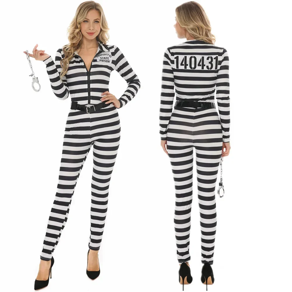 Mono de cárcel para mujer, uniforme de prisión a rayas para adultos, mono de manga larga, disfraz de fiesta de cárcel, disfraces de Halloween para adultos
