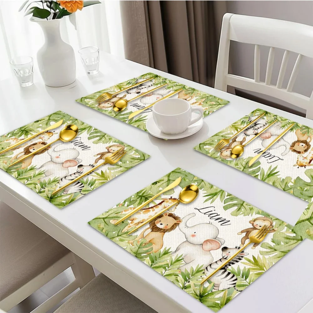 Linen Look Custom Forest Deer Placemat 1/4/6Pcs Personalized Name Number Machine Washable Spring Holiday Dining Table Mat