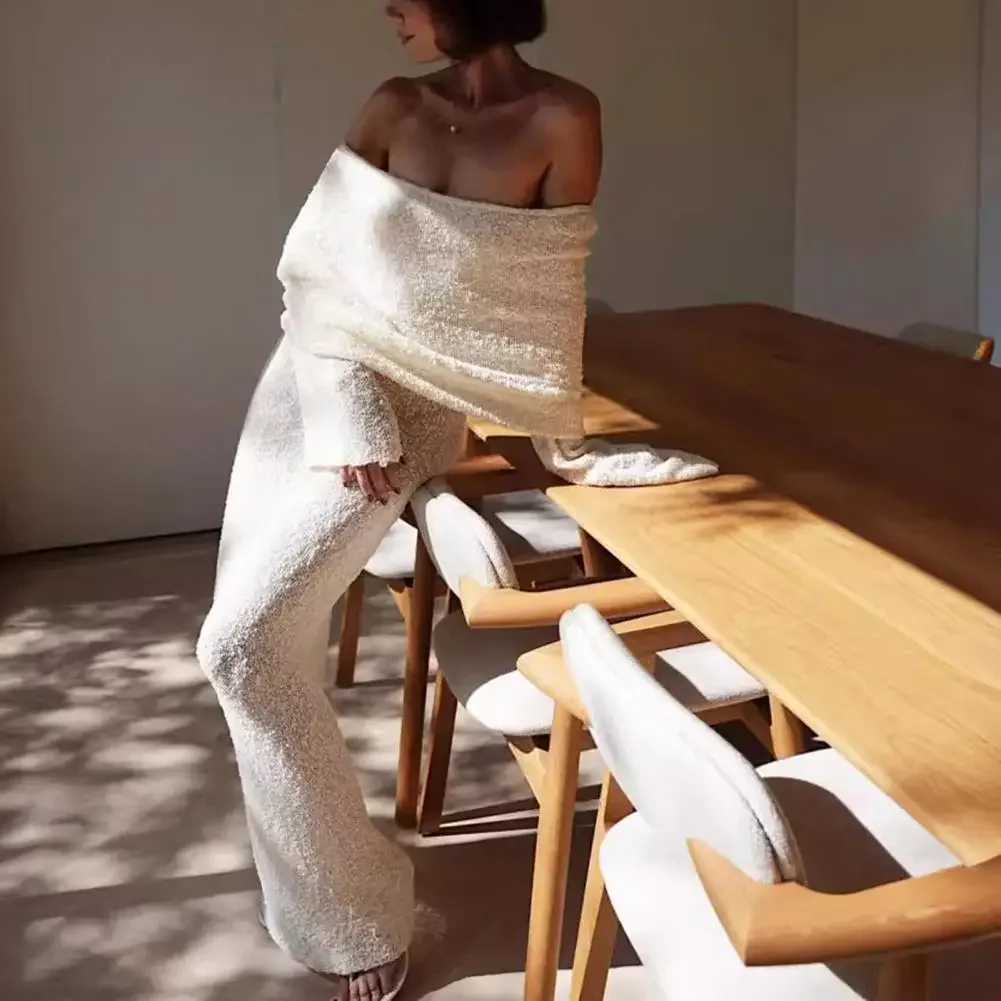 مثير قبالة الكتف سطر واحد طوق فستان الحفلات الخريف الشتاء المرأة فستان منسوج أنيق كم طويل شير جوفاء فستان طويل #1