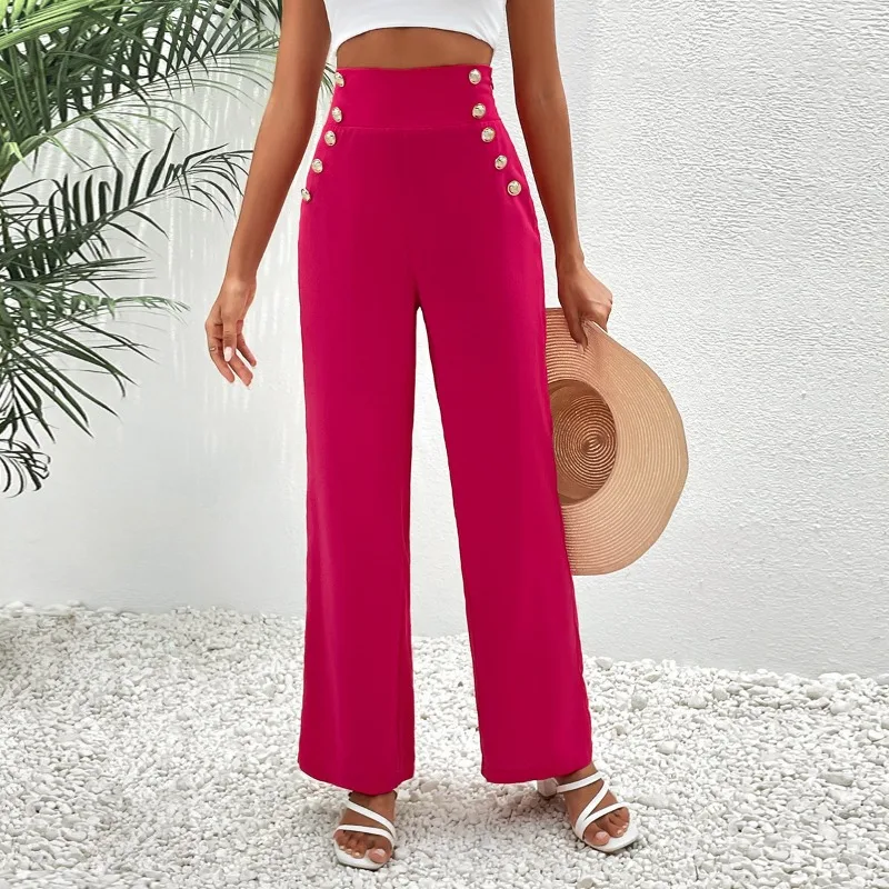 Pantalones de pierna ancha para mujer, botón decorativo, Color sólido, versátil, nuevo