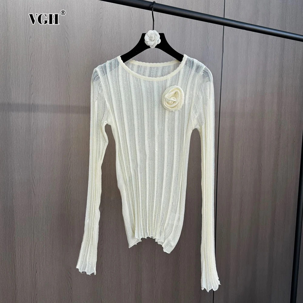 

VGH Solid Spliced Appliques Sheer T Shirt For Women Round Neck Long Sleeve Slimming Minimalist Casual Tops Female Fashion New