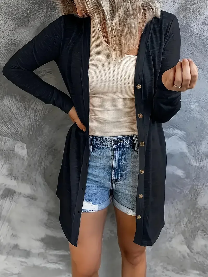 Plus Size Autumn/Winter Women's Fashionable V-Neck Solid Color Cardigan Women Casual Polyester Knit Sweater Long Sleeve Shirt