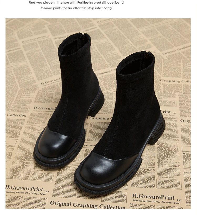 Damen Wildleder Stiefeletten Runde Kappe Mittelhoher Blockabsatz Elastische Sockenstiefel Reißverschluss Hinten Chelsea Schuhe Bequem Casual Herbst Winter