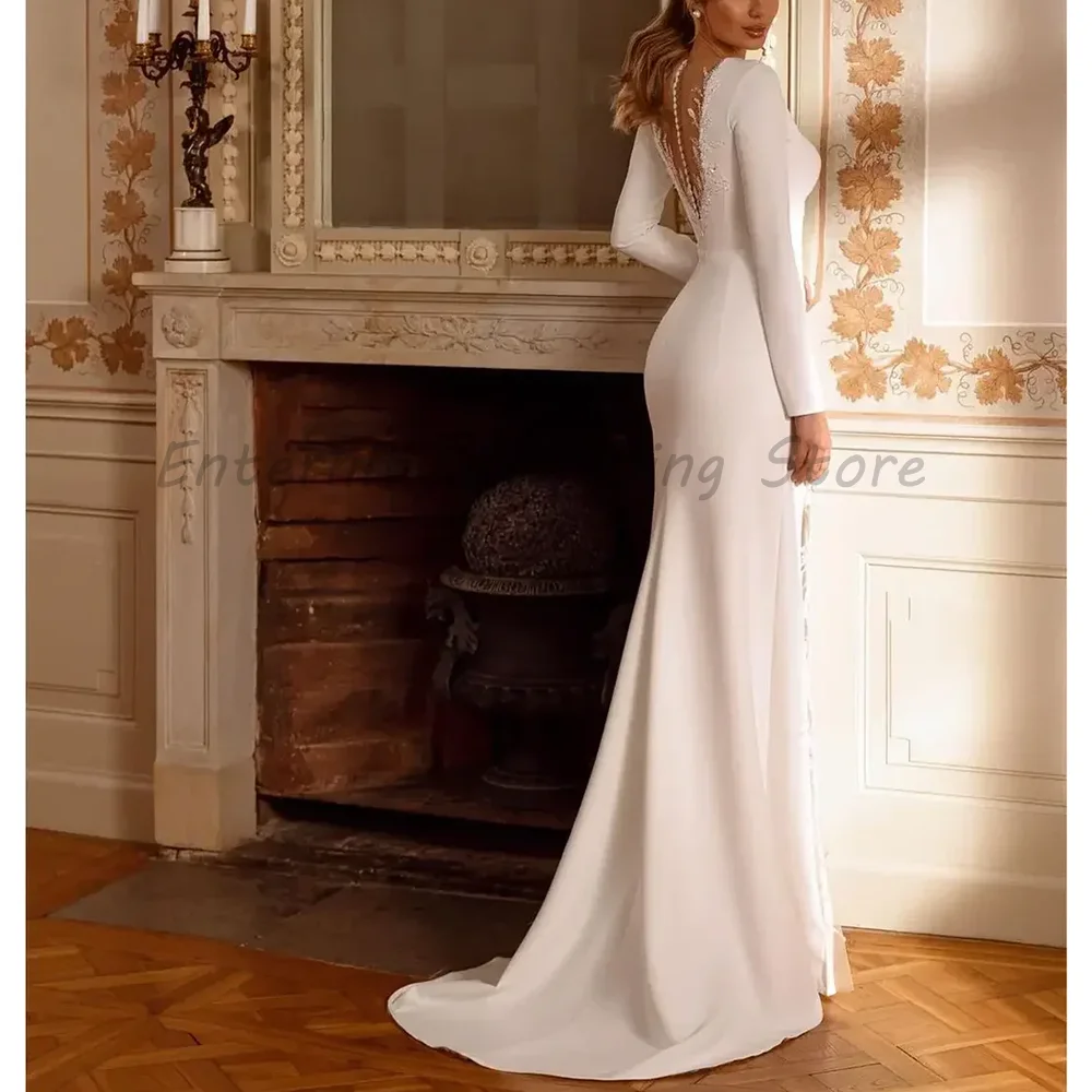 Long Sleeve Satin Mermaid Wedding Dress Deep V Neck Lace Beaded High Slit Bridal Gown Open Back Formal Bride Dresses For Women