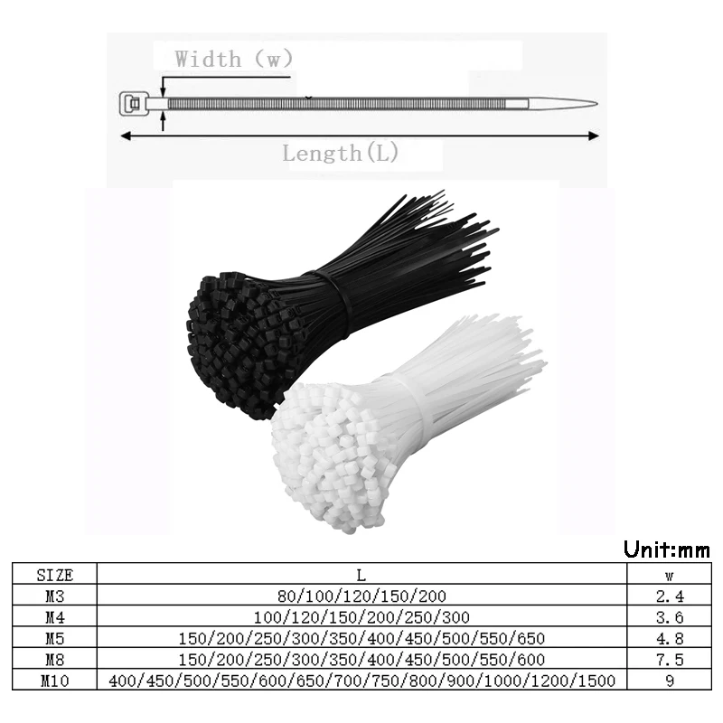 Dasi Kabel Pengunci Otomatis Nilon Hitam Putih 60/80/100/120/150/200/250/300/350 ~ 1500Mm Tali Kunci Kabel Cincin Pengencang Plastik Ritsleting