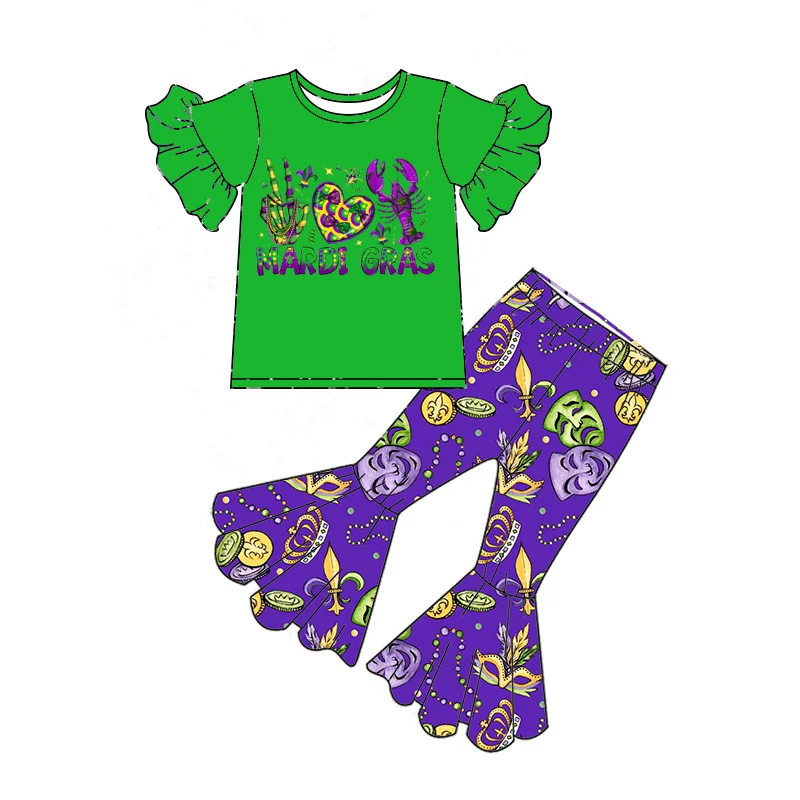 Mardi Gras Print Girls Short Sleeve Flared Pants Milk Silk Material Boutique Suit Retail and Wholesale